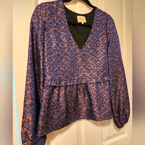 NWOT Sezane Blue Leapord Jacquard Peplum Top